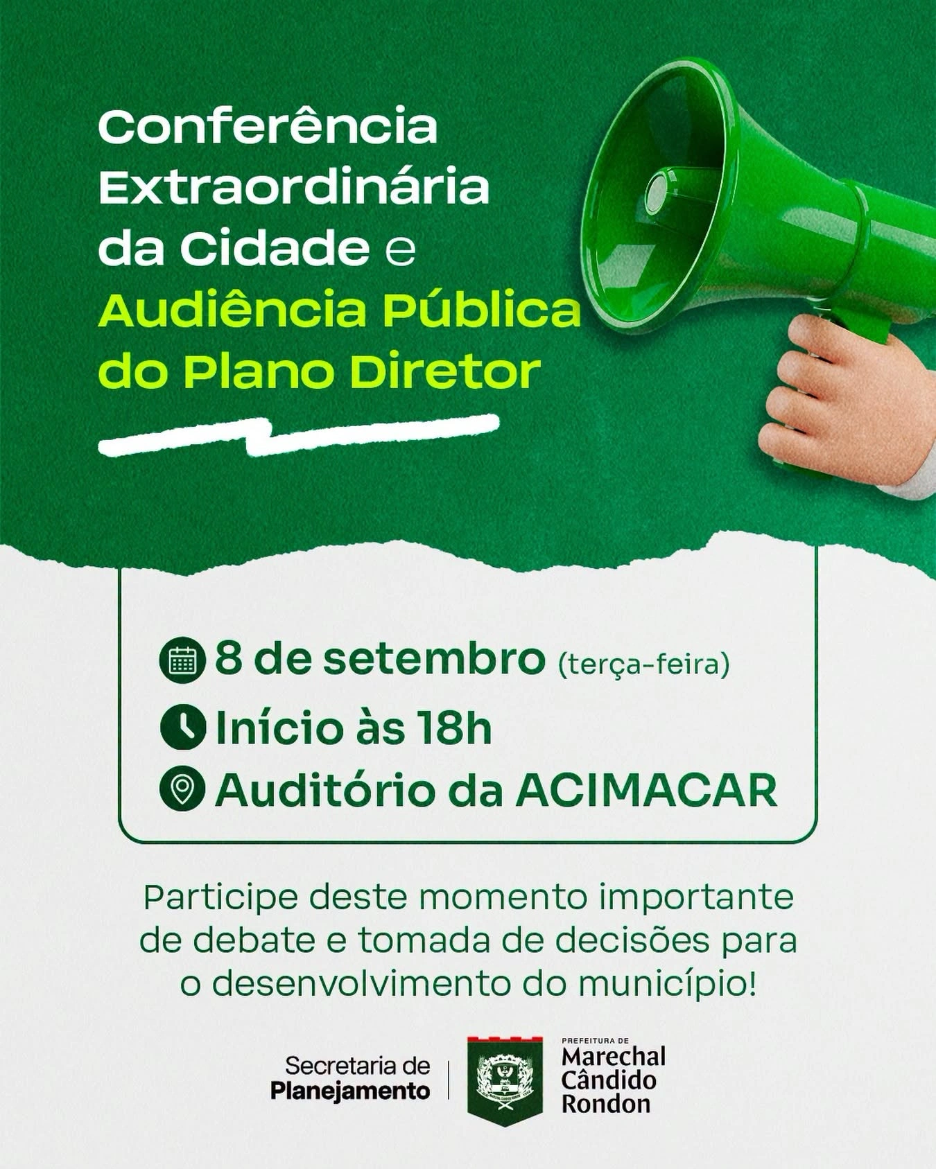 Conferência Extraordinária da Cidade e a Audiência Pública do Plano Diretor Municipal acontece na próxima semana em Marechal Rondon