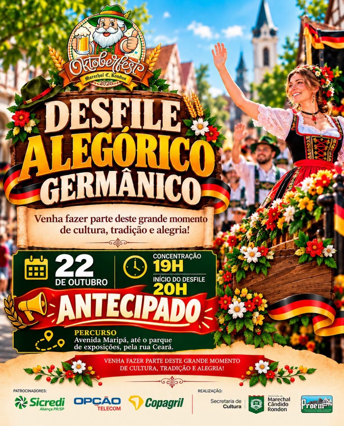 Desfile Alegórico Germânico da 36ª Oktoberfest de Marechal Rondon é antecipado para esta quinta-feira